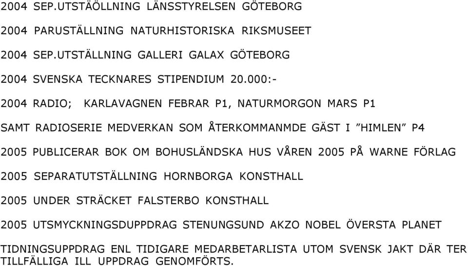 000:- 2004 RADIO; KARLAVAGNEN FEBRAR P1, NATURMORGON MARS P1 SAMT RADIOSERIE MEDVERKAN SOM ÅTERKOMMANMDE GÄST I HIMLEN P4 2005 PUBLICERAR BOK OM