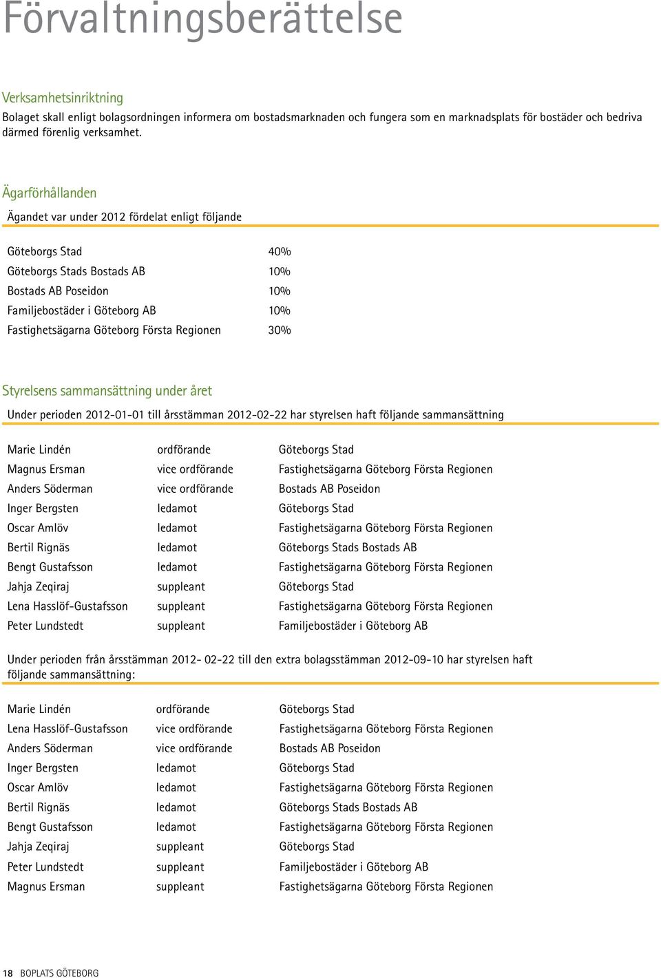 Första Regionen 30% Styrelsens sammansättning under året Under perioden 2012-01-01 till årsstämman 2012-02-22 har styrelsen haft följande sammansättning Marie Lindén ordförande Göteborgs Stad Magnus