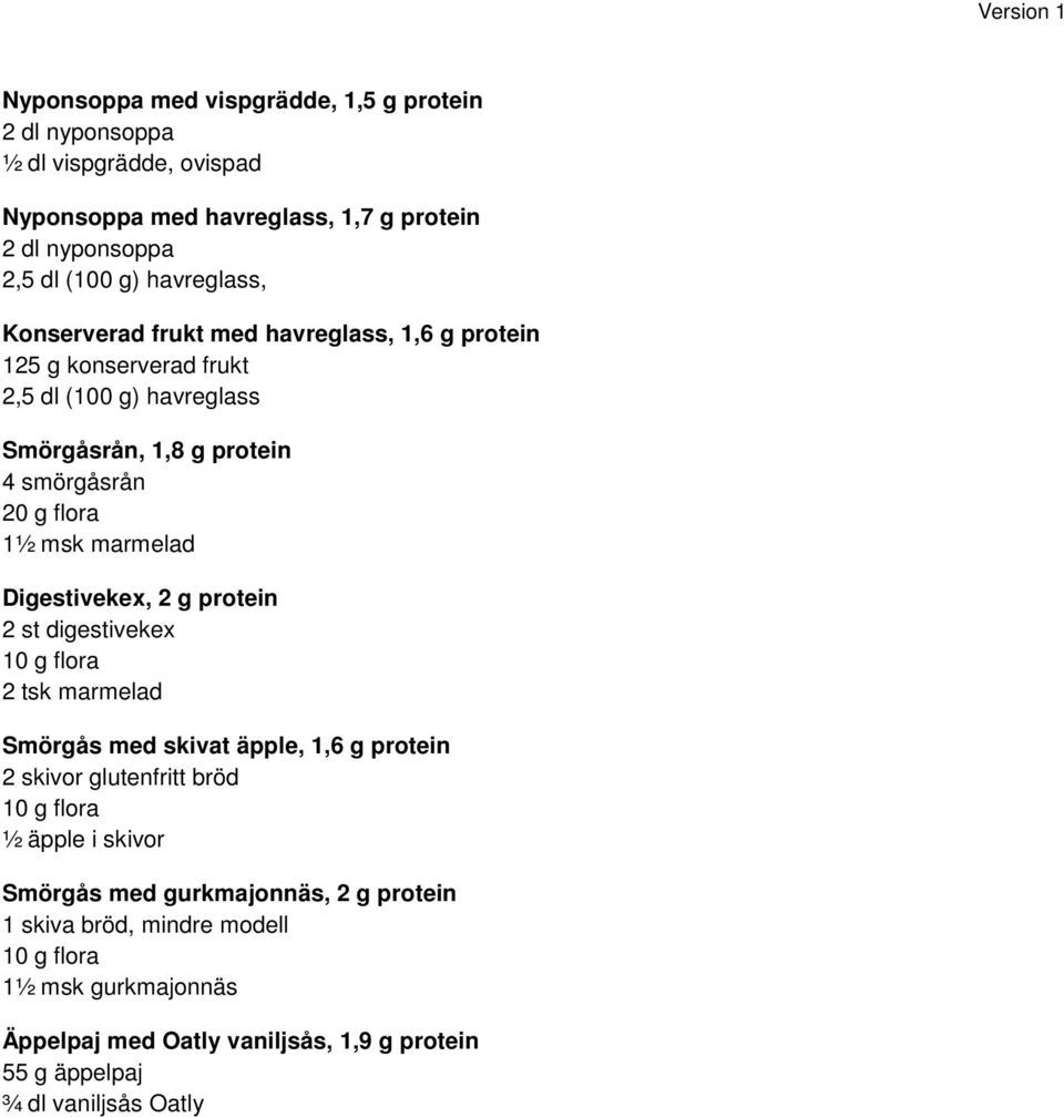 marmelad Digestivekex, 2 g protein 2 st digestivekex 2 tsk marmelad Smörgås med skivat äpple, 1,6 g protein 2 skivor glutenfritt bröd ½ äpple i skivor