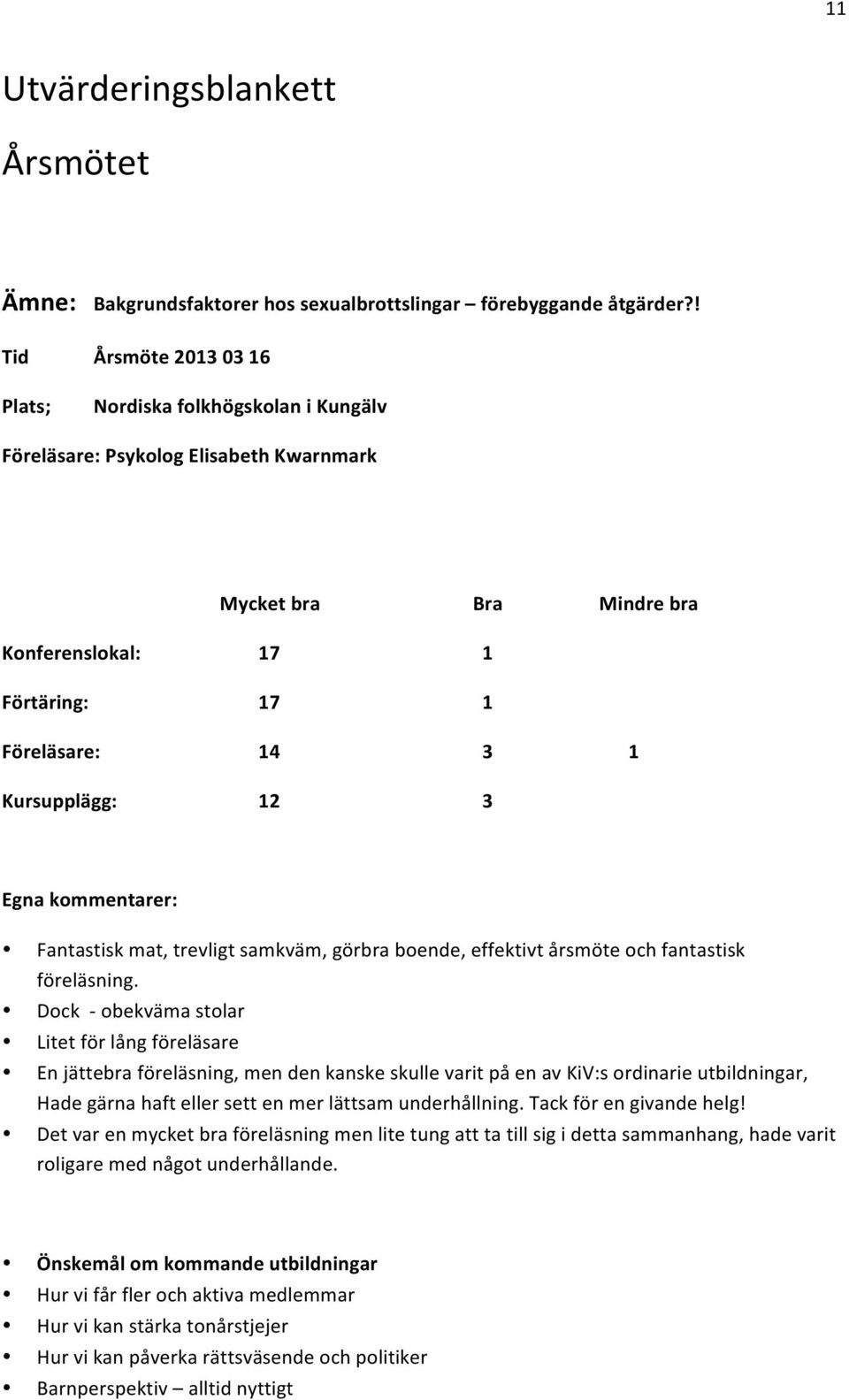 Kursupplägg: 12 3 Egna kommentarer: Fantastisk mat, trevligt samkväm, görbra boende, effektivt årsmöte och fantastisk föreläsning.