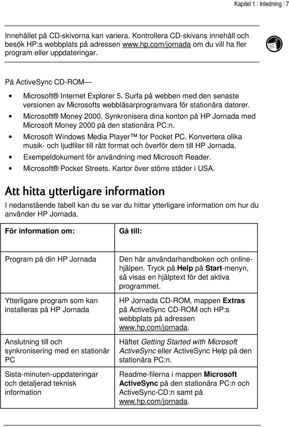 Synkronisera dina konton på HP Jornada med Microsoft Money 2000 på den stationära PC:n. Microsoft Windows Media Player for Pocket PC.