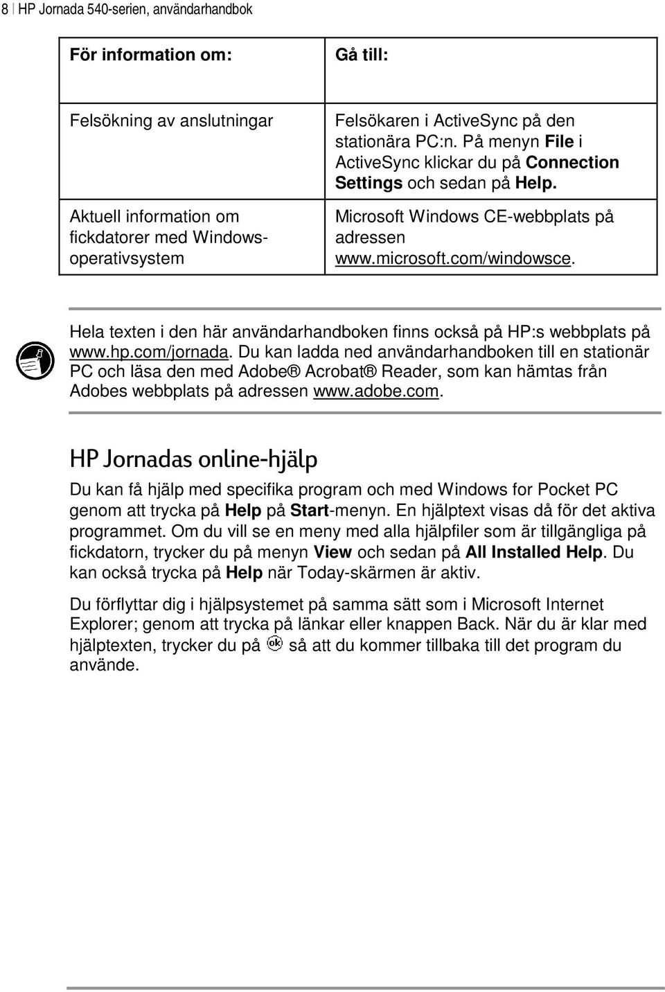 Hela texten i den här användarhandboken finns också på HP:s webbplats på www.hp.com/jornada.