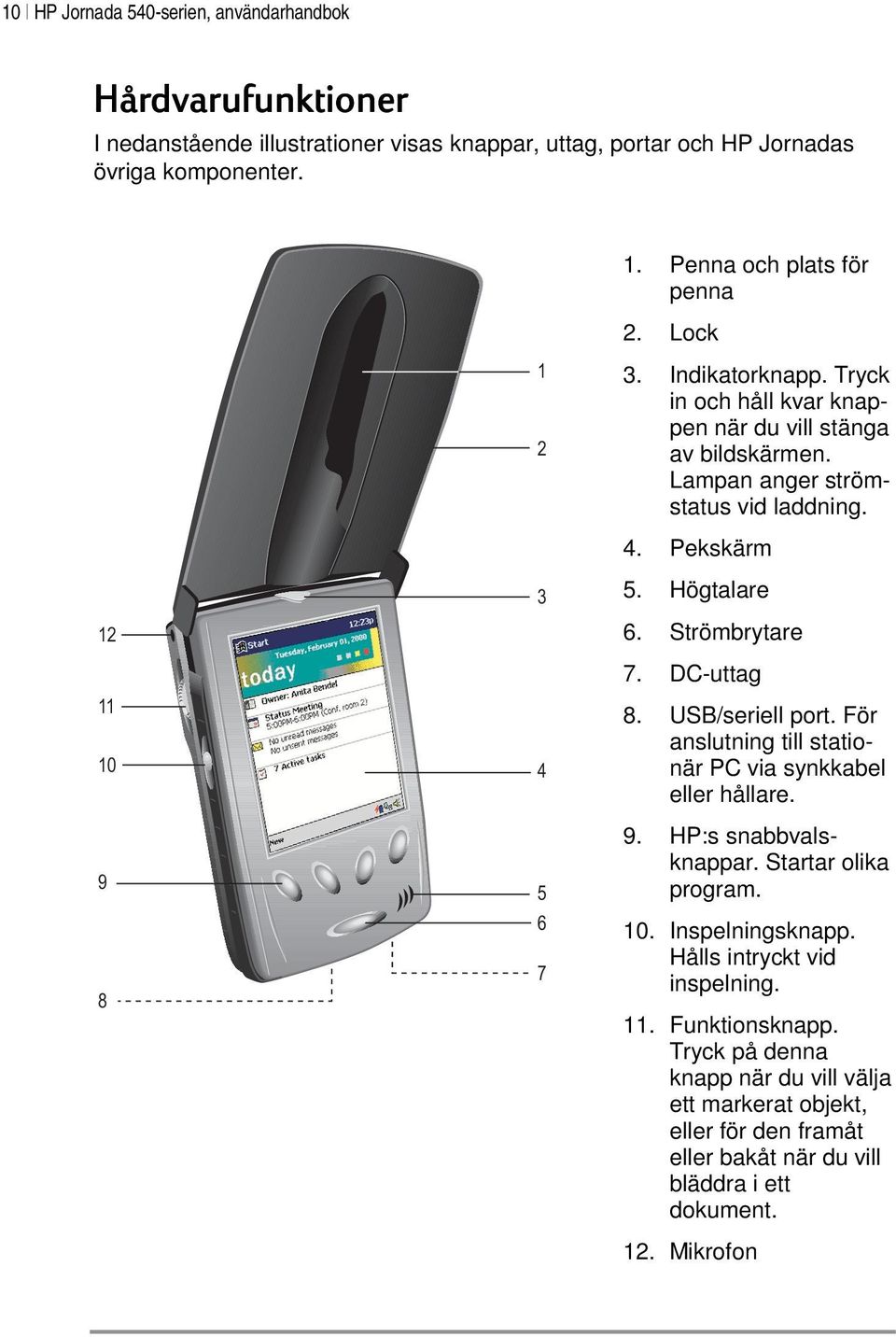 12 11 10 9 8 3 4 5 6 7 4. Pekskärm 5. Högtalare 6. Strömbrytare 7. DC-uttag 8. USB/seriell port. För anslutning till stationär PC via synkkabel eller hållare. 9. HP:s snabbvalsknappar.