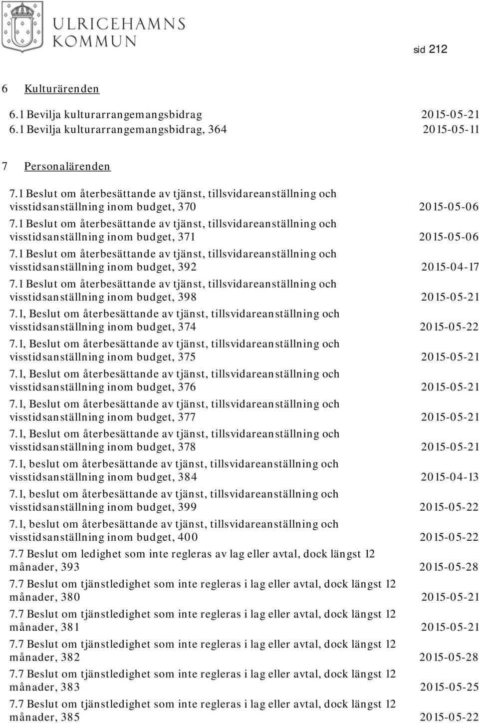 1 Beslut om återbesättande av tjänst, tillsvidareanställning och visstidsanställning inom budget, 371 2015-05-06 7.