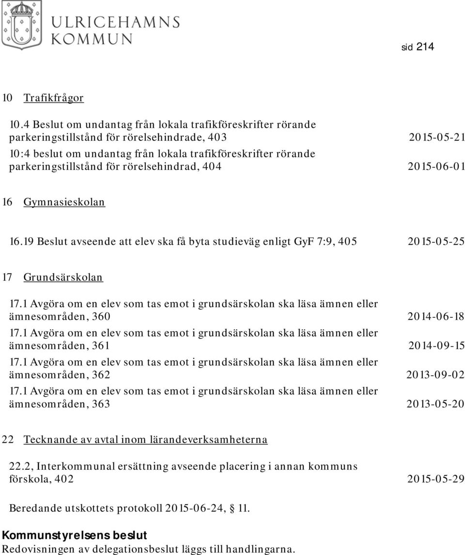 för rörelsehindrad, 404 2015-06-01 16 Gymnasieskolan 16.19 Beslut avseende att elev ska få byta studieväg enligt GyF 7:9, 405 2015-05-25 17 Grundsärskolan 17.