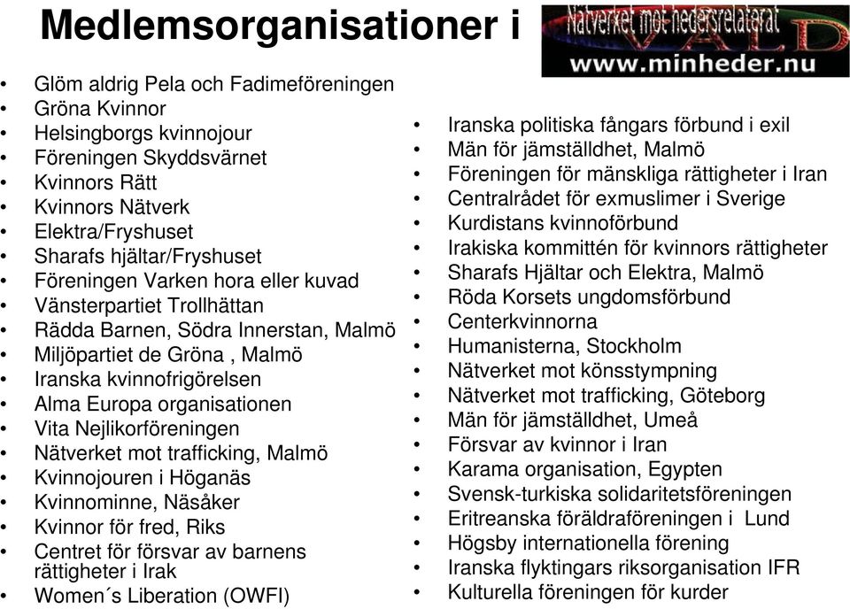 Nejlikorföreningen Nätverket mot trafficking, Malmö Kvinnojouren i Höganäs Kvinnominne, Näsåker Kvinnor för fred, Riks Centret för försvar av barnens rättigheter i Irak Women s Liberation (OWFI)