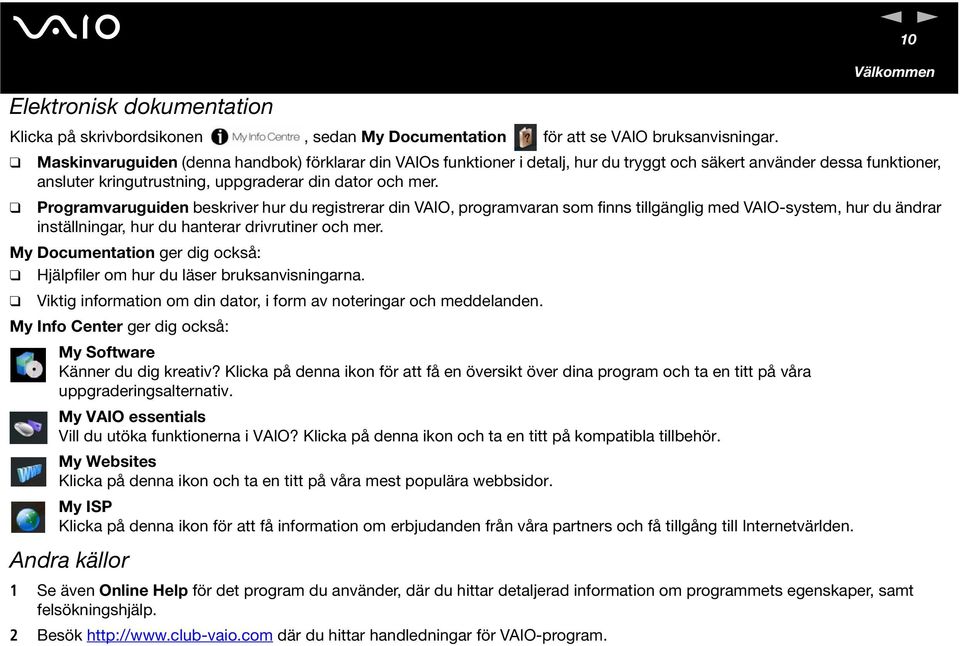 Programvaruguide beskriver hur du registrerar di VAIO, programvara som fis tillgäglig med VAIO-system, hur du ädrar iställigar, hur du haterar drivrutier och mer.