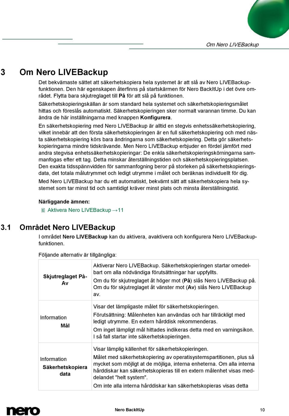 Säkerhetskopieringskällan är som standard hela systemet och säkerhetskopieringsmålet hittas och föreslås automatiskt. Säkerhetskopieringen sker normalt varannan timme.