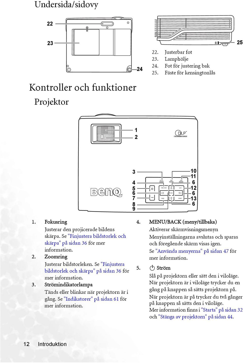 Se "Finjustera bildstorlek och skärpa" på sidan 36 för mer information. 3. Strömindikatorlampa Tänds eller blinkar när projektorn är i gång. Se "Indikatorer" på sidan 61 för mer information. 4.