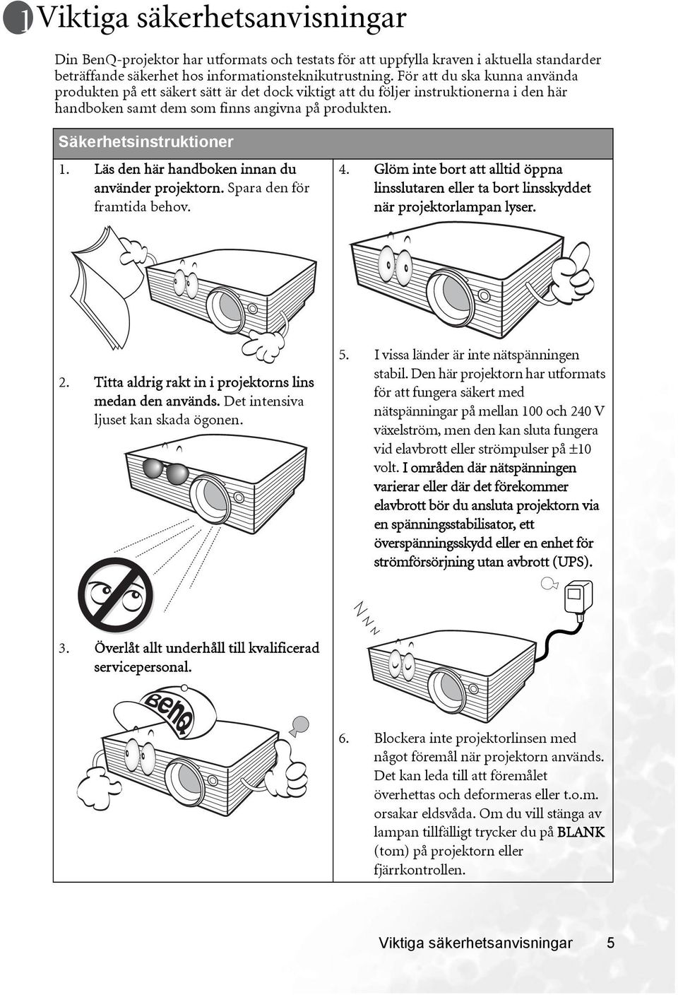 Läs den här handboken innan du använder projektorn. Spara den för framtida behov. 4. Glöm inte bort att alltid öppna linsslutaren eller ta bort linsskyddet när projektorlampan lyser. 2.