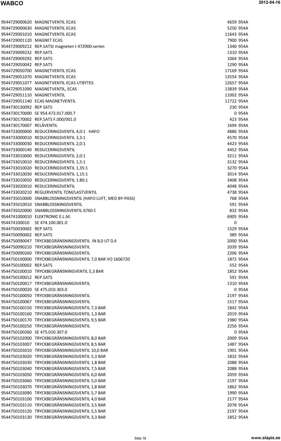 SATS 1290 954A 9544729050700 MAGNETVENTIL ECAS 17169 954A 9544729051070 MAGNETVENTIL ECAS 13554 954A 9544729051077 MAGNETVENTIL ECAS UTBYTES 12657 954A 9544729051090 MAGNETVENTIL, ECAS 13839 954A