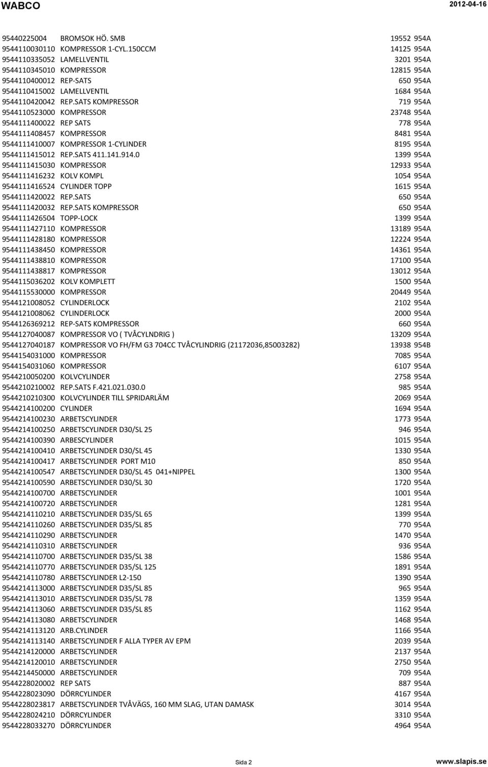 SATS KOMPRESSOR 719 954A 9544110523000 KOMPRESSOR 23748 954A 9544111400022 REP SATS 778 954A 9544111408457 KOMPRESSOR 8481 954A 9544111410007 KOMPRESSOR 1-CYLINDER 8195 954A 9544111415012 REP.