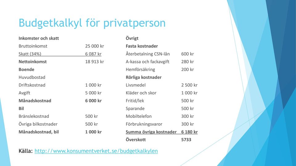 Återbetalning CSN-lån 600 kr A-kassa och fackavgift 280 kr Hemförsäkring 200 kr Rörliga kostnader Livsmedel 2 500 kr Kläder och skor 1 000 kr Fritid/lek