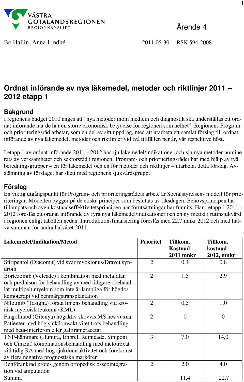 Regionens Programoch prioriteringsråd arbetar, som en del av sitt uppdrag, med att utarbeta ett samlat förslag till ordnat införande av nya läkemedel, metoder och riktlinjer vid två tillfällen per