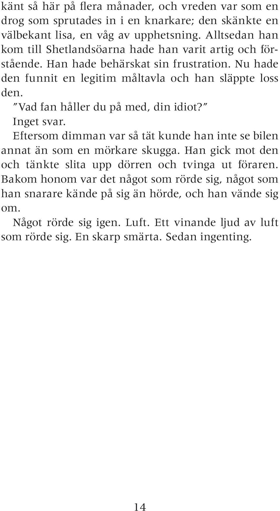 Vad fan håller du på med, din idiot? Inget svar. Eftersom dimman var så tät kunde han inte se bilen annat än som en mörkare skugga.