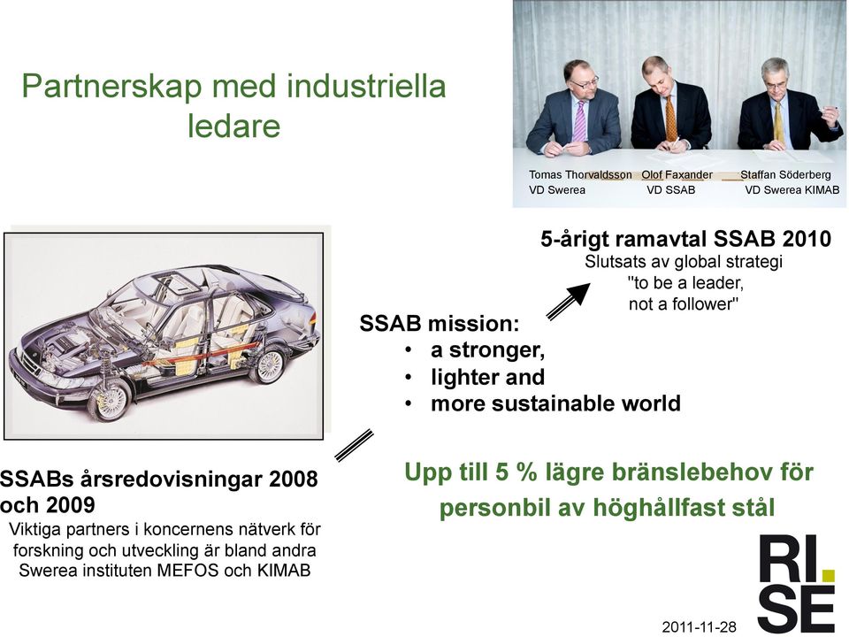 and more sustainable world SSABs årsredovisningar 2008 och 2009 Viktiga partners i koncernens nätverk för forskning och