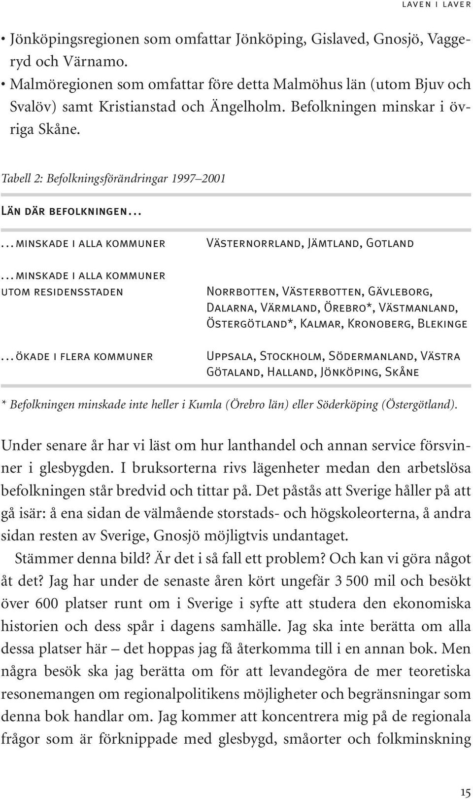 Tabell 2: Befolkningsförändringar 1997 2001 Län där befolkningen...... minskade i alla kommuner Västernorrland, Jämtland, Gotland.