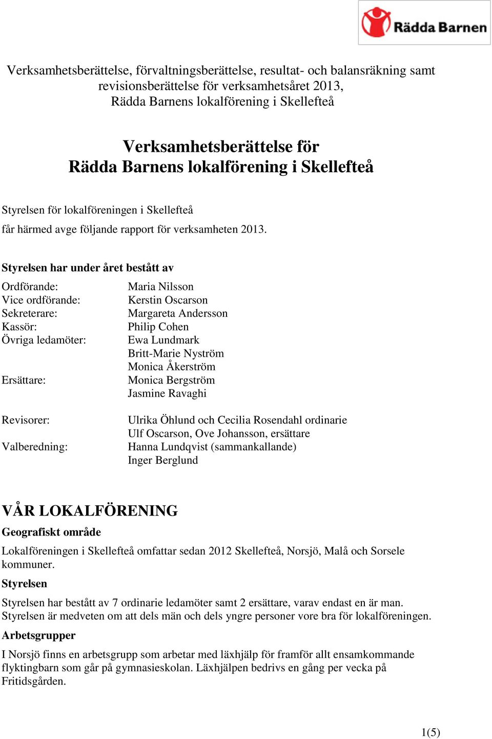 Styrelsen har under året bestått av Ordförande: Vice ordförande: Sekreterare: Kassör: Övriga ledamöter: Ersättare: Maria Nilsson Kerstin Oscarson Margareta Andersson Philip Cohen Ewa Lundmark