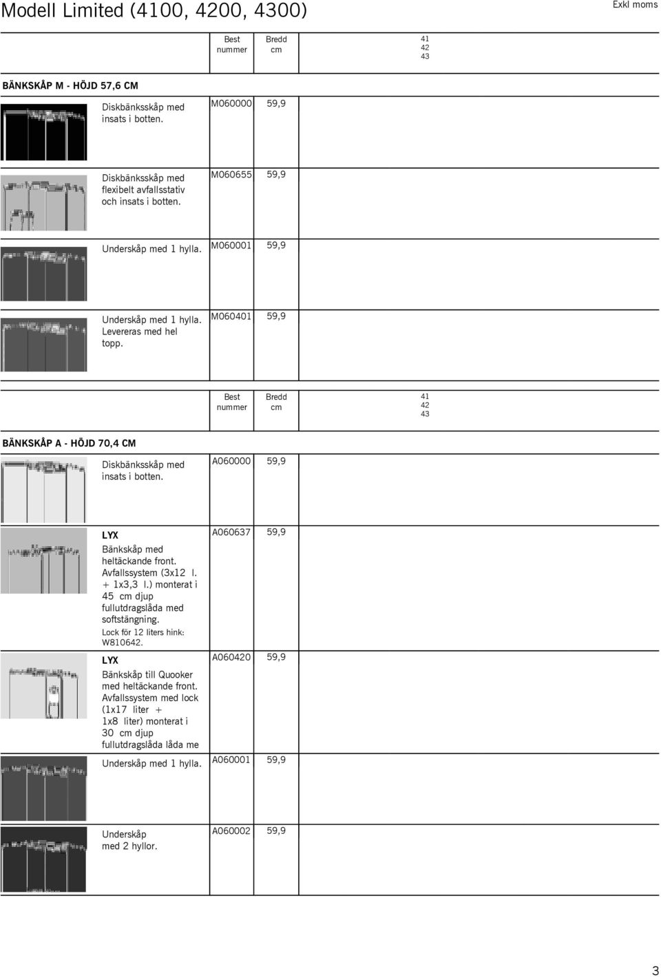 A060000 Bänkskåp med heltäckande front. Avfallssystem (3x12 l. + 1x3,3 l.) monterat i 45 djup fullutdragslåda med softstängning. Lock för 12 liters hink: W8642.