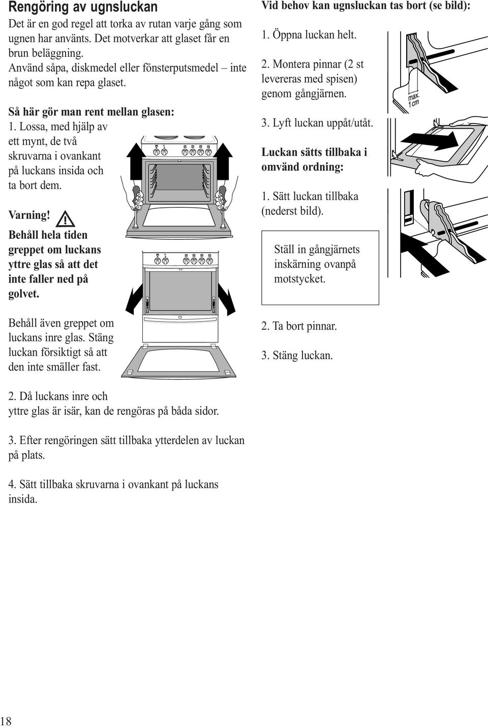 Lossa, med hjälp av ett mynt, de två skruvarna i ovankant på luckans insida och ta bort dem. Varning! Behåll hela tiden greppet om luckans yttre glas så att det inte faller ned på golvet.