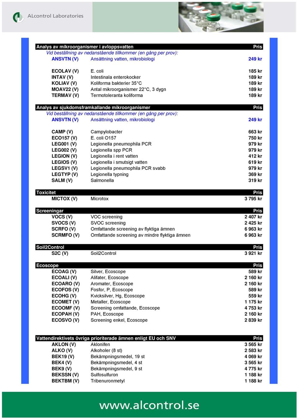 av sjukdomsframkallande mikroorganismer Vid beställning av nedanstående tillkommer (en gång per prov): ANSVTN (V) Ansättning vatten, mikrobiologi 249 kr CAMP (V) Campylobacter 663 kr ECO157 (V) E.