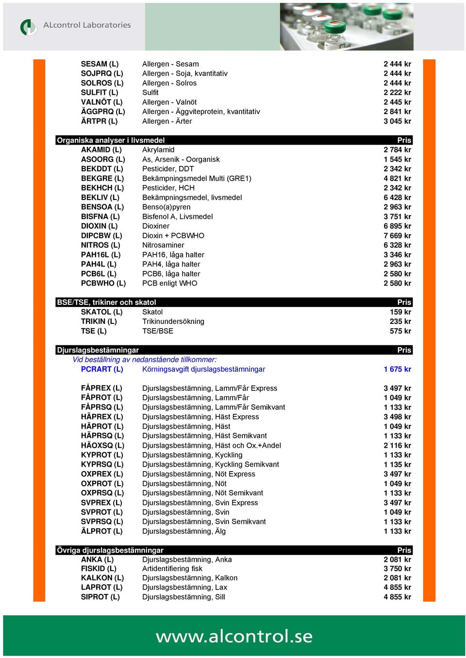 Pesticider, DDT 2 342 kr BEKGRE (L) Bekämpningsmedel Multi (GRE1) 4 821 kr BEKHCH (L) Pesticider, HCH 2 342 kr BEKLIV (L) Bekämpningsmedel, livsmedel 6 428 kr BENSOA (L) Benso(a)pyren 2 963 kr BISFNA