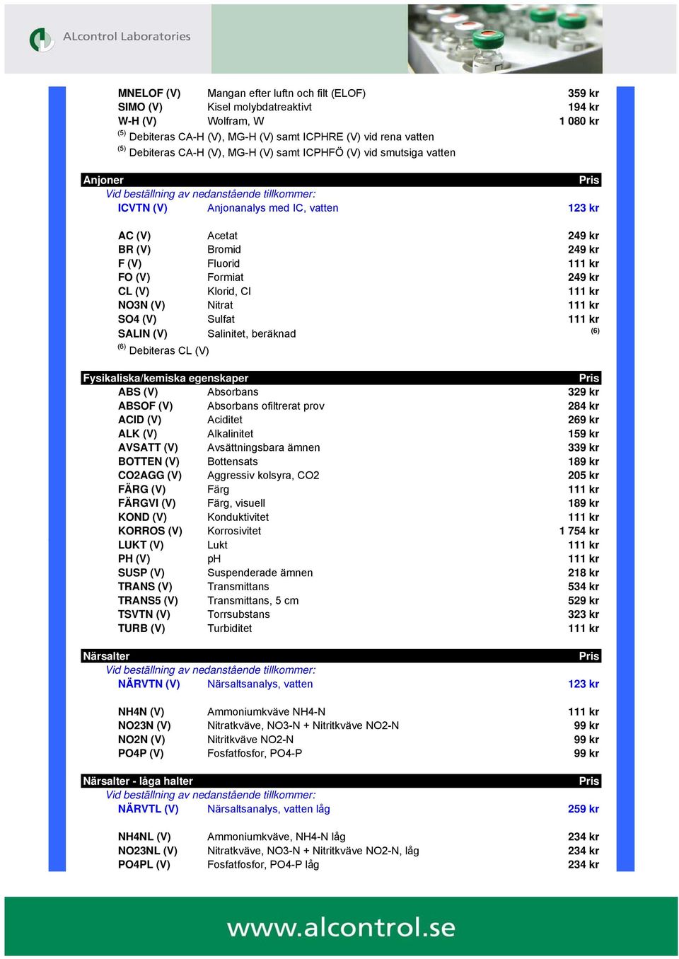 Fluorid 111 kr FO (V) Formiat 249 kr CL (V) Klorid, Cl 111 kr NO3N (V) Nitrat 111 kr SO4 (V) Sulfat 111 kr SALIN (V) Salinitet, beräknad (6) (6) Debiteras CL (V) Fysikaliska/kemiska egenskaper ABS