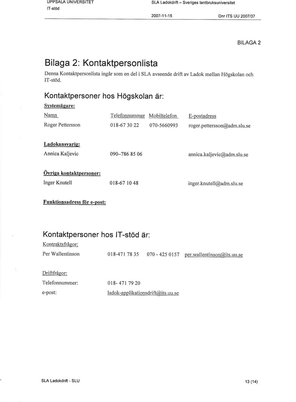 Kontaktpersoner hos Högskolan är: Systemägare: Namn Telefonnummer Mobiltelefon E-postadress Roger Pettersson 018-67 30 22 070-5660993 roger.pettersson@adm.slu.