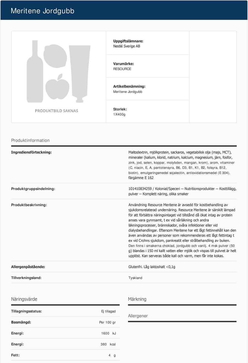 B12, biotin), emulgeringsmedel sojalecitin, antioxidationsmedel (E 304), färgämne E 162 Produktgruppsindelning: 101410834259 / Kolonial/Speceri Nutritionsprodukter Kosttillägg, pulver Komplett