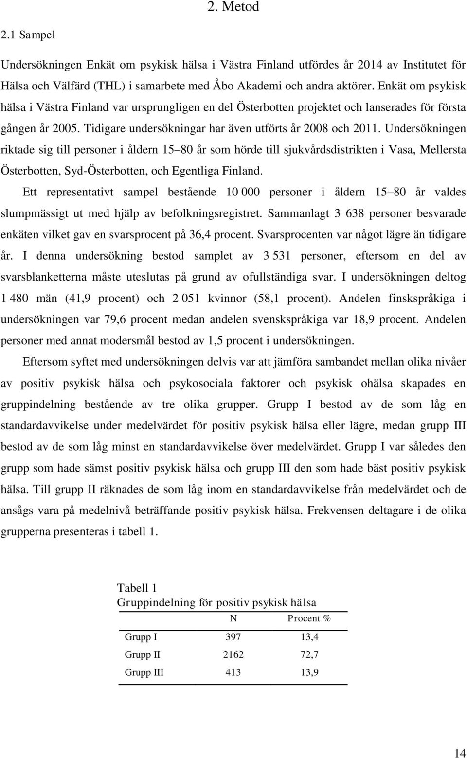 Undersökningen riktade sig till personer i åldern 15 80 år som hörde till sjukvårdsdistrikten i Vasa, Mellersta Österbotten, Syd-Österbotten, och Egentliga Finland.