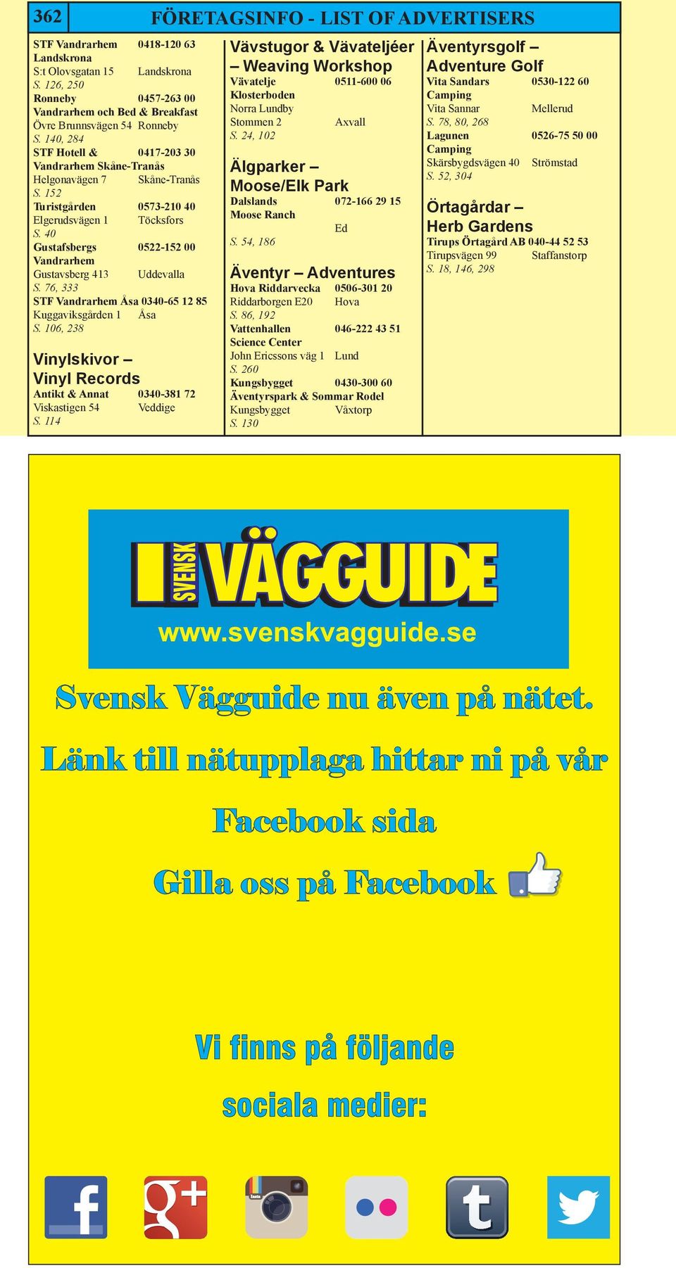 S. 76, 333 STF Vandrarhem Åsa 0340-65 12 85 Kuggaviksgården 1 Åsa, 238 Vinylskivor Vinyl Records Antikt & Annat 0340-381 72 Viskastigen 54 Veddige Vävstugor & Vävateljéer Weaving Workshop Vävatelje