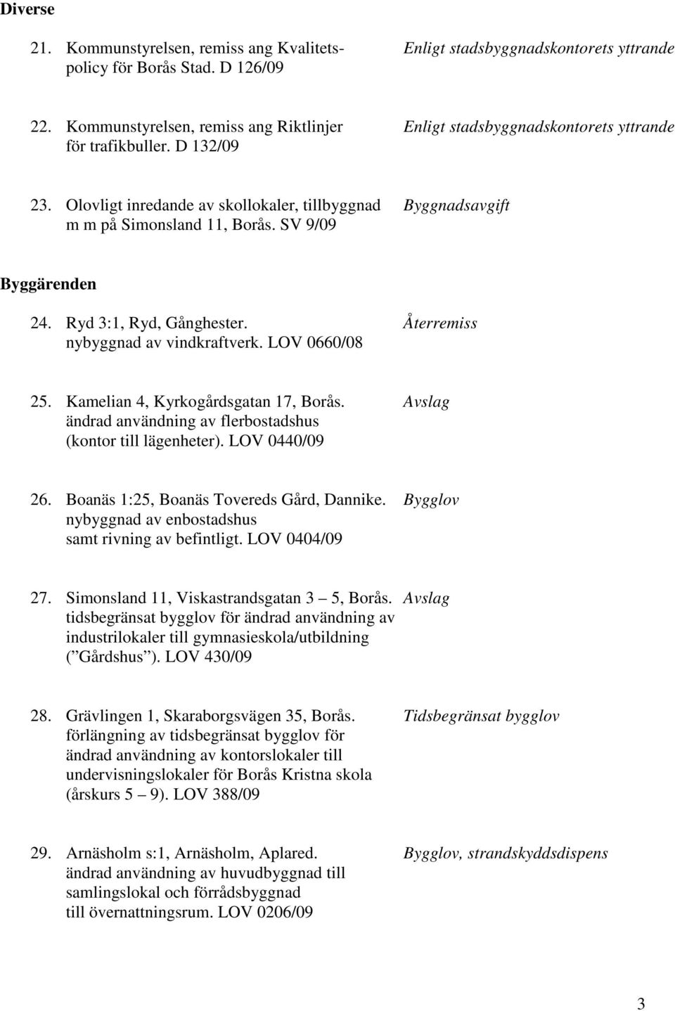 SV 9/09 Byggärenden 24. Ryd 3:1, Ryd, Gånghester. Återremiss nybyggnad av vindkraftverk. LOV 0660/08 25. Kamelian 4, Kyrkogårdsgatan 17, Borås.