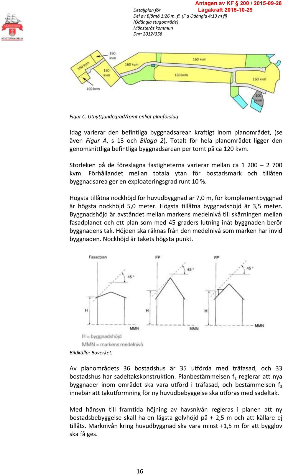 Förhållandet mellan totala ytan för bostadsmark och tillåten byggnadsarea ger en exploateringsgrad runt 10 %.