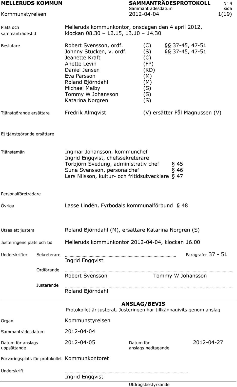 (S) 37-45, 47-51 Jeanette Kraft (C) Anette Levin (FP) Daniel Jensen (KD) Eva Pärsson (M) Roland Björndahl (M) Michael Melby (S) Tommy W Johansson (S) Katarina Norgren (S) Tjänstgörande ersättare