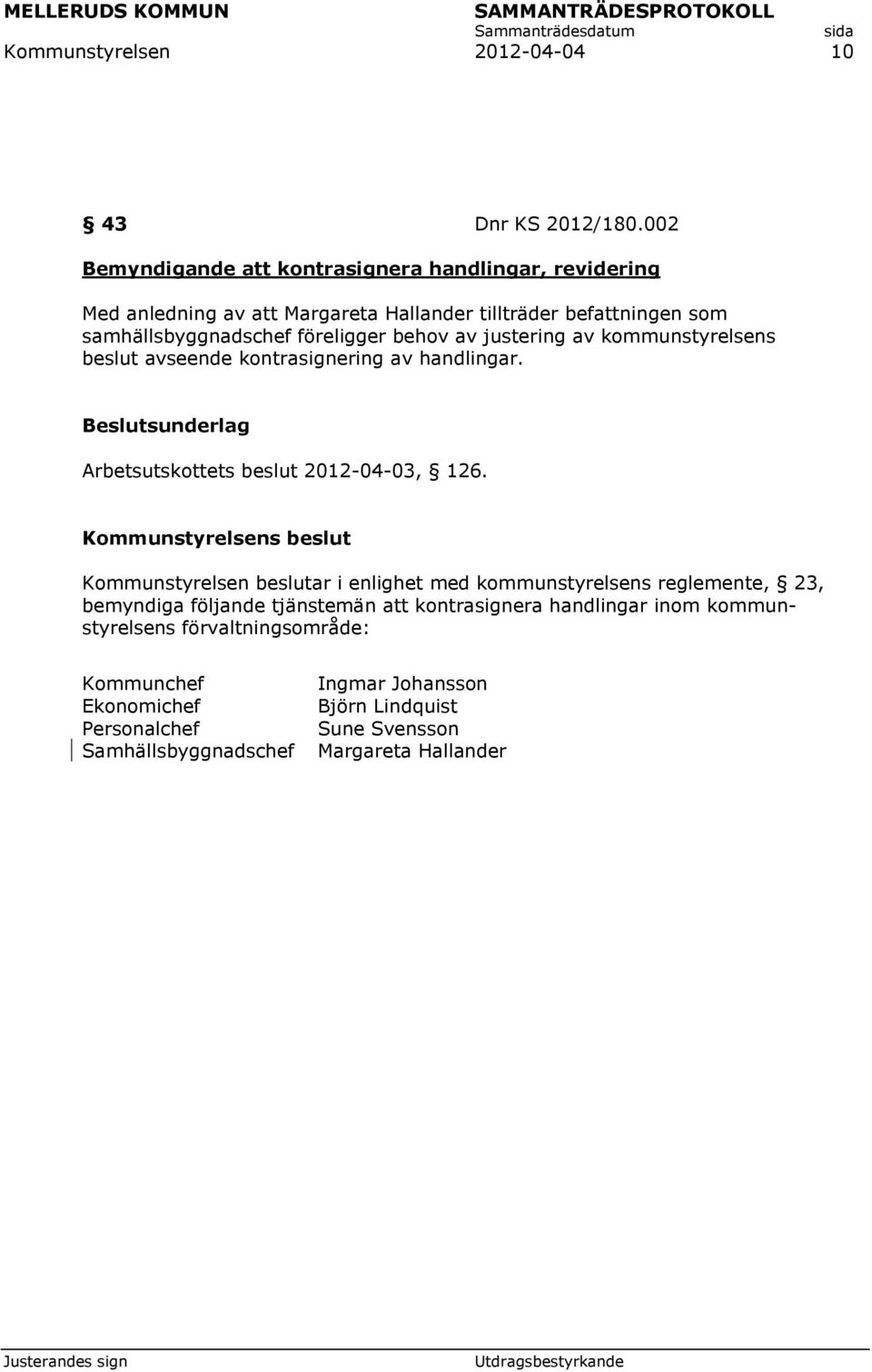 justering av kommunstyrelsens beslut avseende kontrasignering av handlingar. Beslutsunderlag Arbetsutskottets beslut 2012-04-03, 126.