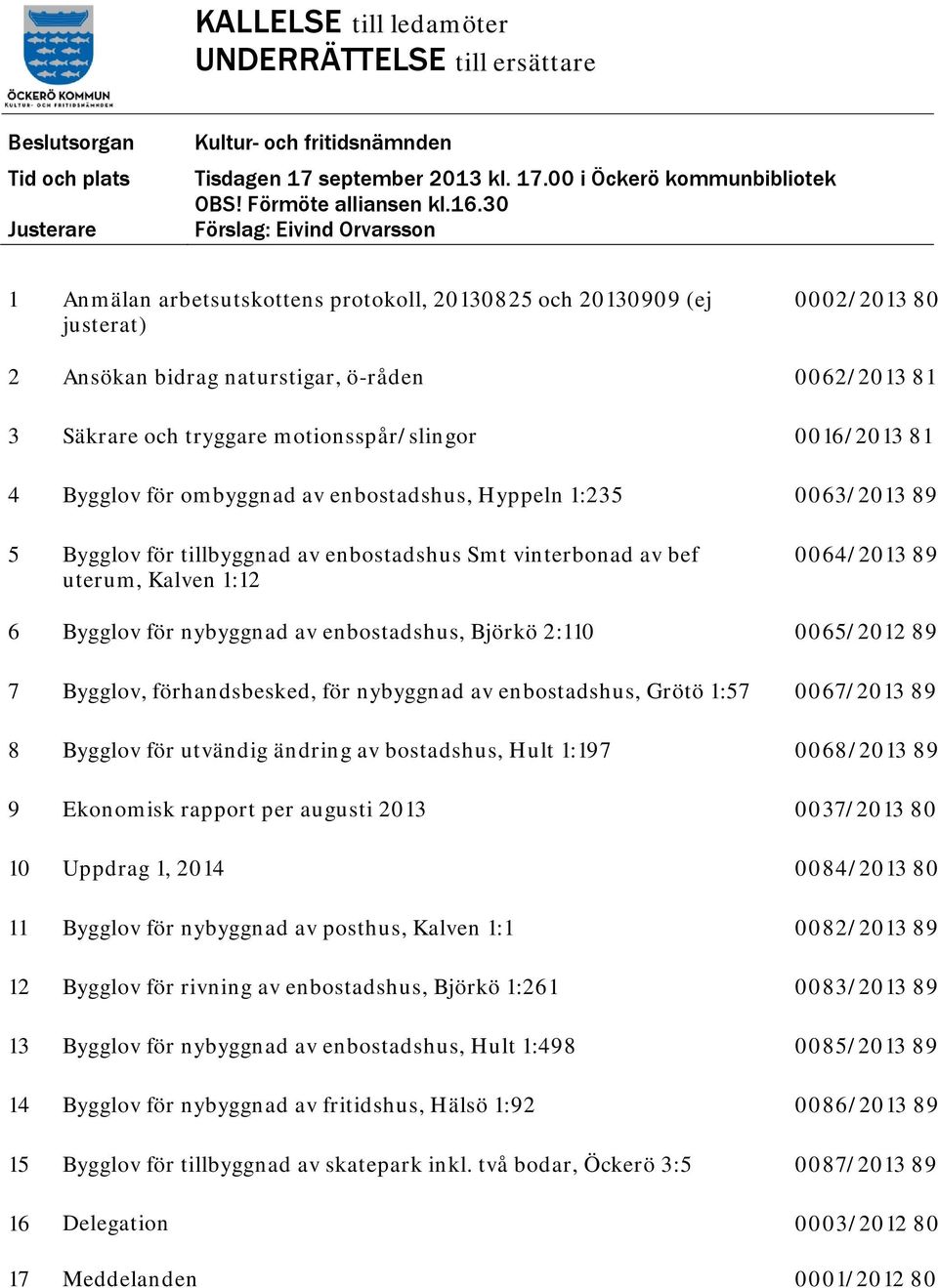 30 Förslag: Eivind Orvarsson 1 Anmälan arbetsutskottens protokoll, 20130825 och 20130909 (ej justerat) 0002/2013 80 2 Ansökan bidrag naturstigar, ö-råden 0062/2013 81 3 Säkrare och tryggare