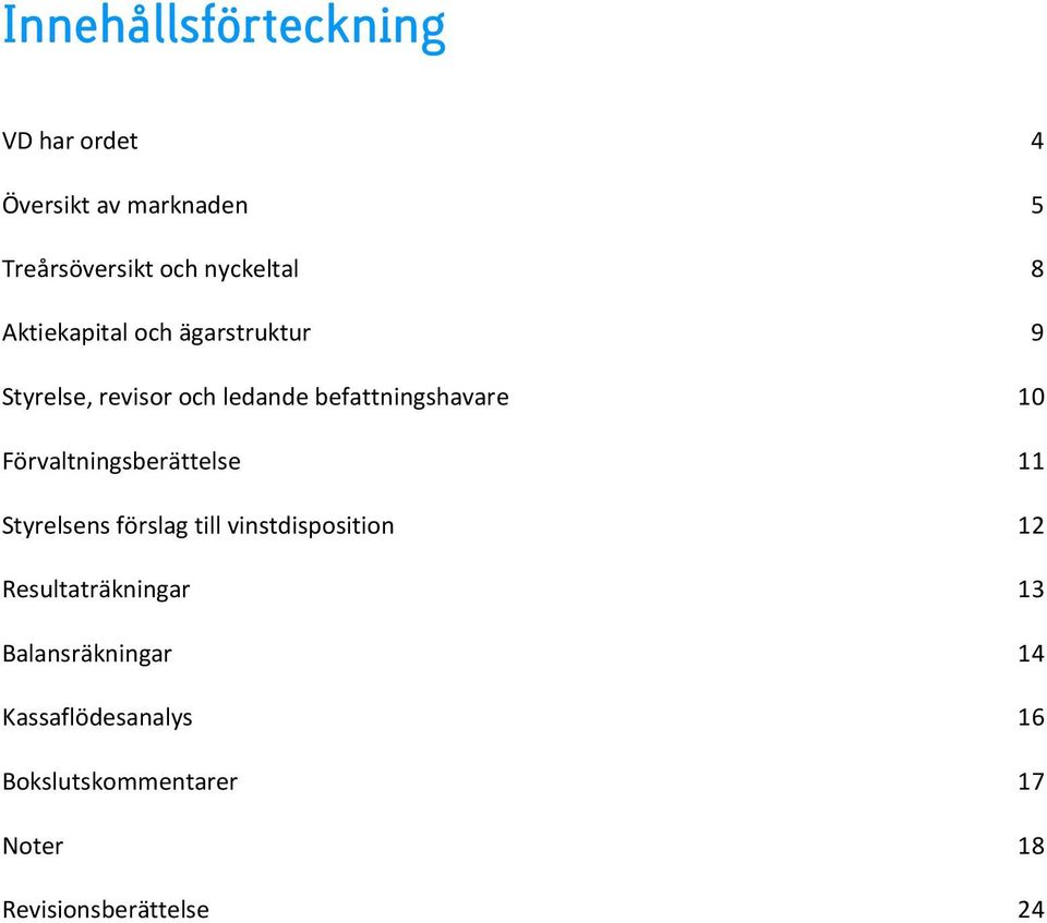 Förvaltningsberättelse 11 Styrelsens förslag till vinstdisposition 12 Resultaträkningar