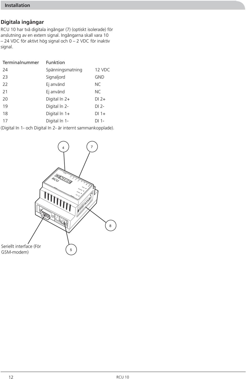 Terminalnummer Funktion 24 Spänningsmatning 12 VDC 23 Signaljord GND 22 Ej använd NC 21 Ej använd NC 20 Digital ln 2+ DI 2+ 19 Digital ln 2- DI 2-18 Digital ln 1+