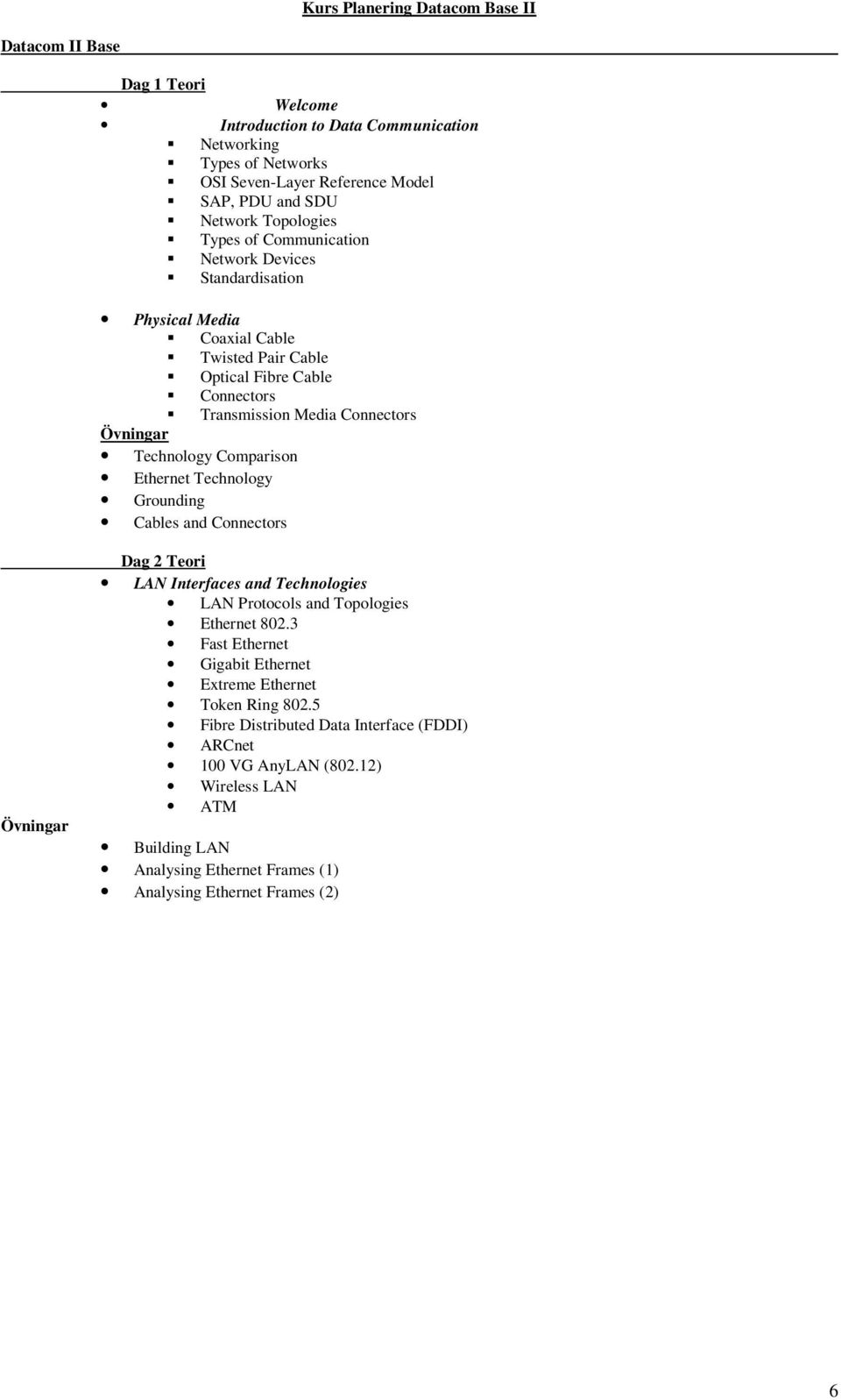 Technology Comparison Ethernet Technology Grounding Cables and Connectors Övningar Dag 2 Teori LAN Interfaces and Technologies LAN Protocols and Topologies Ethernet 802.