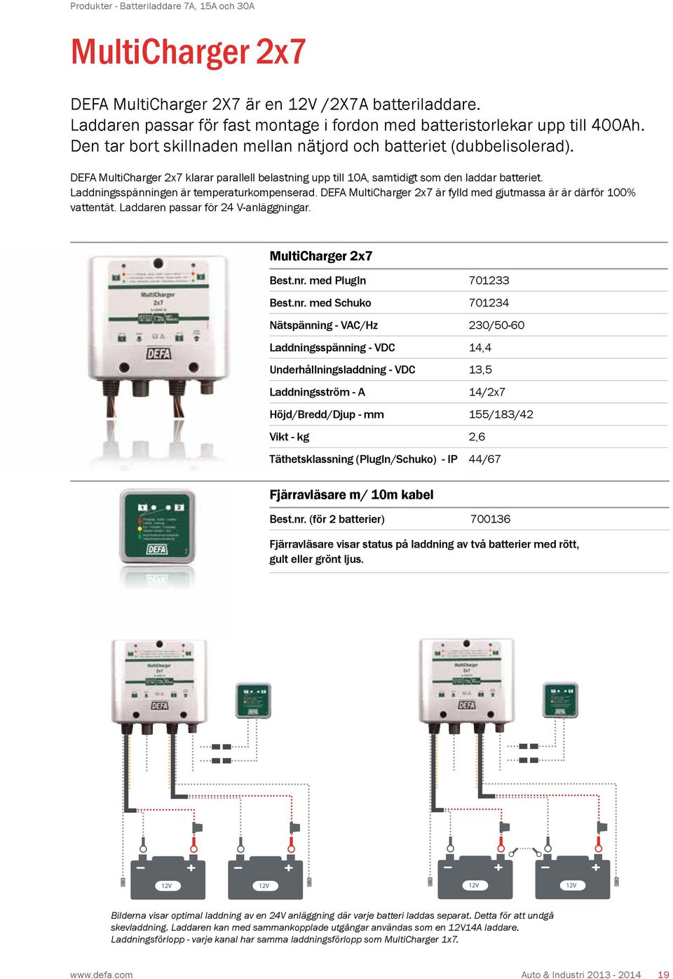 Laddningsspänningen är temperaturkompenserad. DEFA MultiCharger 2x7 är fylld med gjutmassa är är därför 100% vattentät. Laddaren passar för 24 V-anläggningar. MultiCharger 2x7 Best.nr.