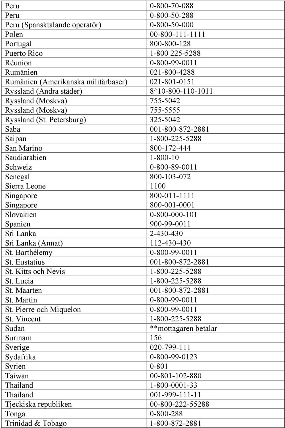 Petersburg) 325-5042 Saba 001-800-872-2881 Saipan 1-800-225-5288 San Marino 800-172-444 Saudiarabien 1-800-10 Schweiz 0-800-89-0011 Senegal 800-103-072 Sierra Leone 1100 Singapore 800-011-1111