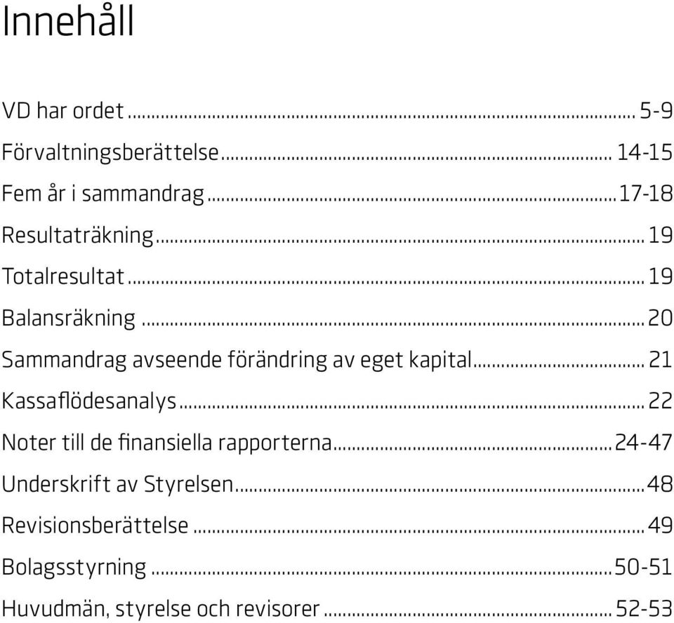 ..20 Sammandrag avseende förändring av eget kapital... 21 Kassaflödesanalys.