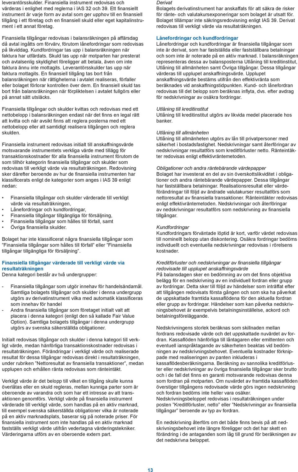 Finansiella tillgångar redovisas i balansräkningen på affärsdag då avtal ingåtts om förvärv, förutom lånefordringar som redovisas på likviddag.