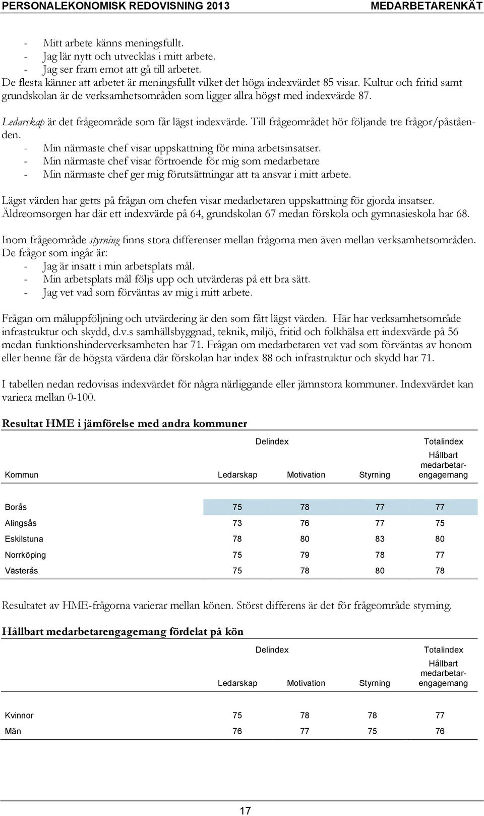 Ledarskap är det frågeområde som får lägst indexvärde. Till frågeområdet hör följande tre frågor/påståenden. - Min närmaste chef visar uppskattning för mina arbetsinsatser.