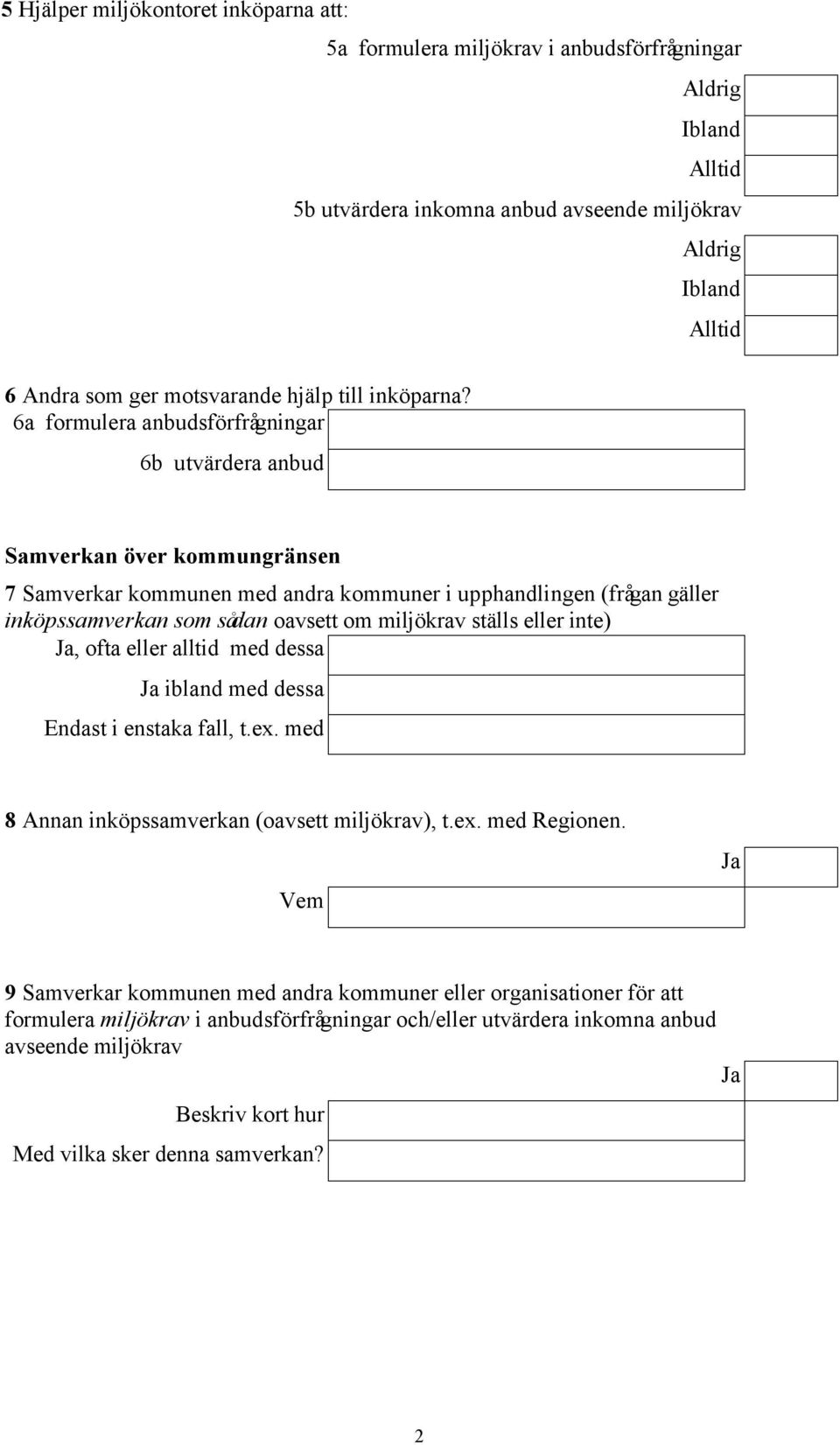 6a formulera anbudsförfrågningar 6b utvärdera anbud Samverkan över kommungränsen 7 Samverkar kommunen med andra kommuner i upphandlingen (frågan gäller inköpssamverkan som sådan oavsett om miljökrav