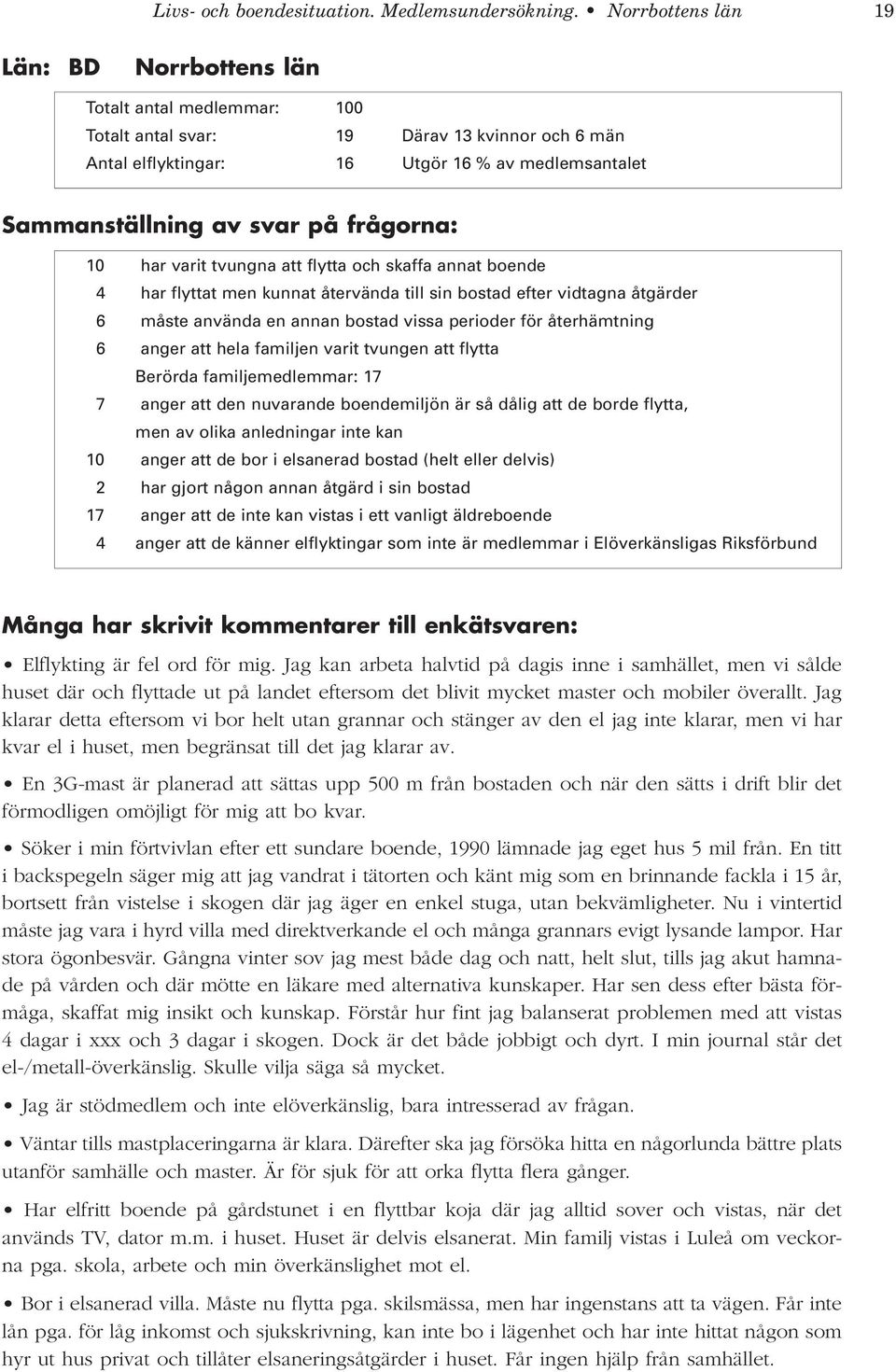 frågorna: 10 har varit tvungna att flytta och skaffa annat boende 4 har flyttat men kunnat återvända till sin bostad efter vidtagna åtgärder 6 måste använda en annan bostad vissa perioder för