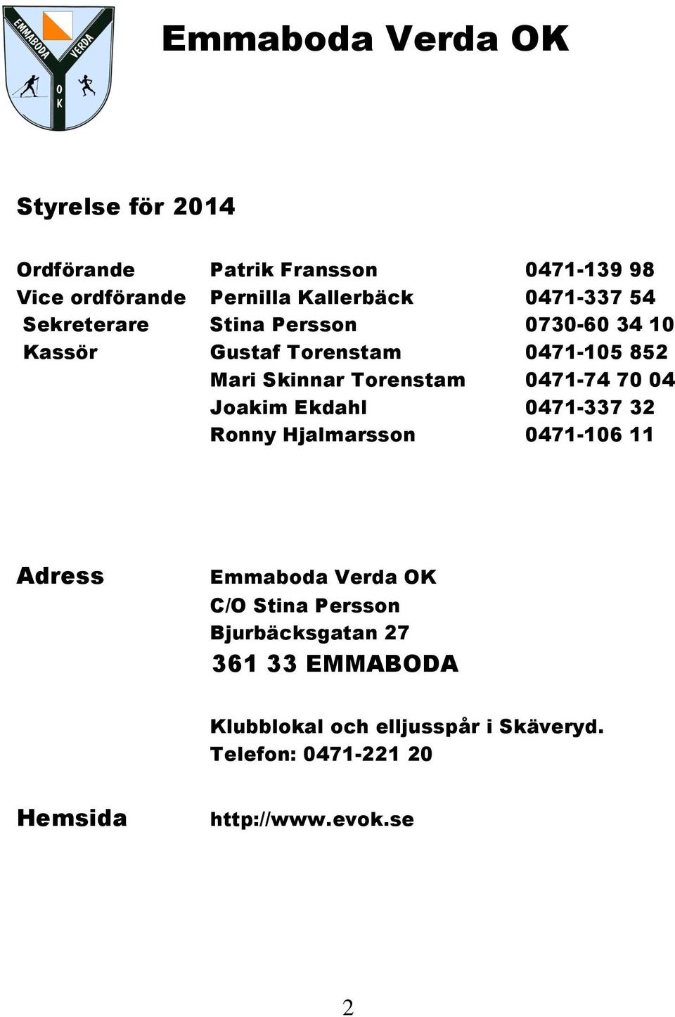 0471-74 70 04 Joakim Ekdahl 0471-337 32 Ronny Hjalmarsson 0471-106 11 Adress Emmaboda Verda OK C/O Stina Persson