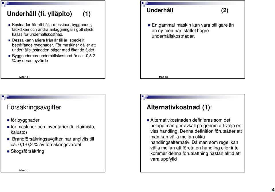 0,8-2 % av deras nyvärde Underhåll (2) En gammal maskin kan vara billigare än en ny men har istället högre underhållskostnader. Försäkringsavgifter för byggnader för maskiner och inventarier (fi.