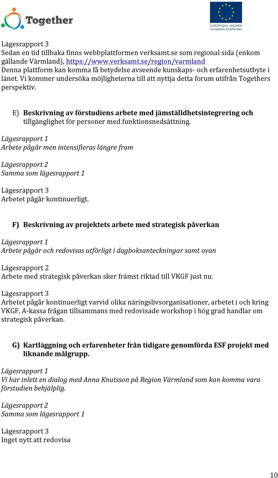 E) Beskrivning av förstudiens arbete med jämställdhetsintegrering och tillgänglighet för personer med funktionsnedsättning.