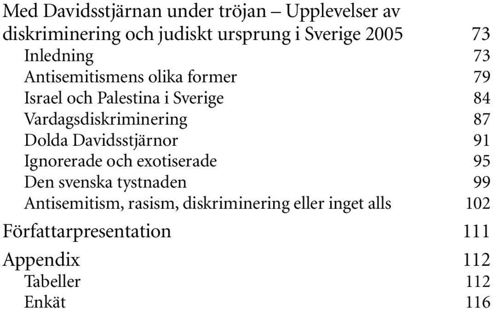 87 Dolda Davidsstjärnor 91 Ignorerade och exotiserade 95 Den svenska tystnaden 99 Antisemitism,